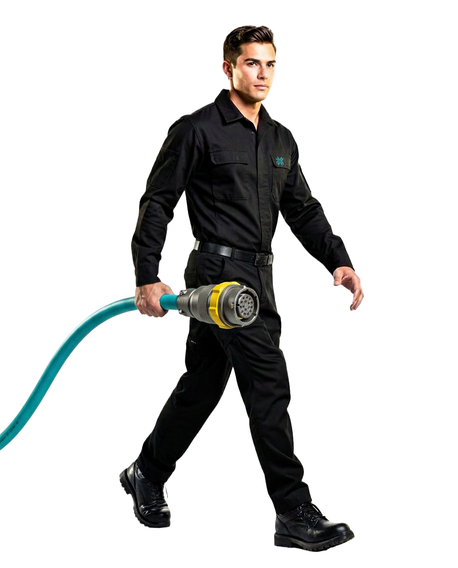 HNX systems technician carrying a cyan industrial connector to repair a business growth system
